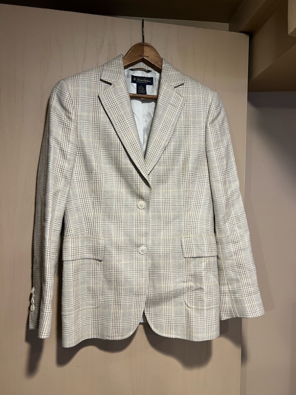Brooks Brothers Cream and Light Brown Plaid Wool-Linen Blend Blazer